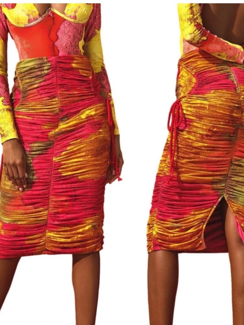 🔥NWT Andrea Iyamah Red and Yellow Ruched Midi Skirt SZ XS